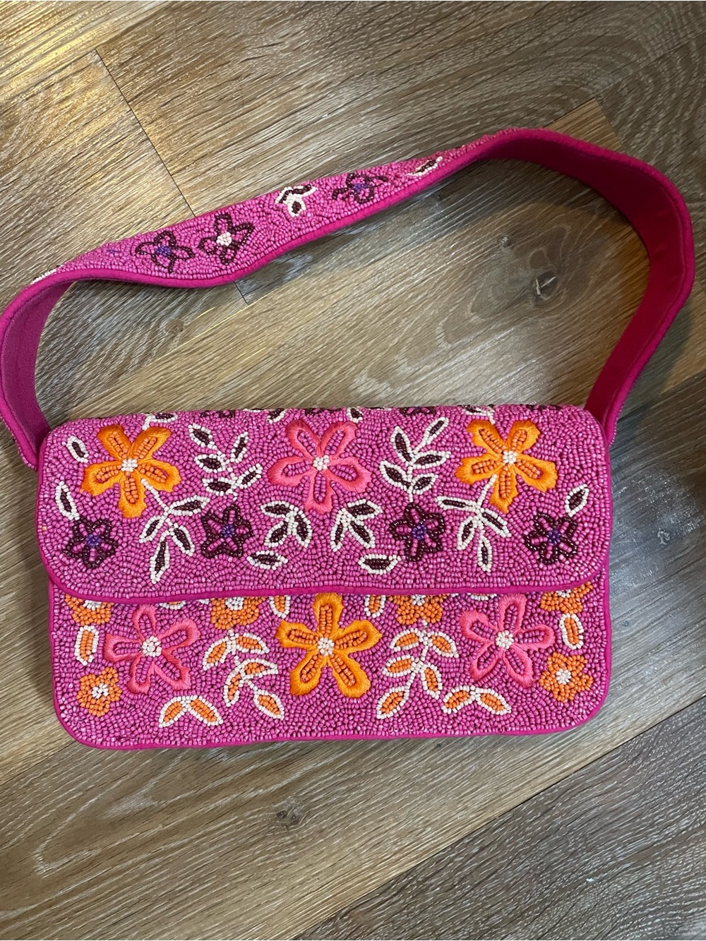 Lulu's Hot Pink Beaded Floral Shoulder Bag - Picture 2 of 3